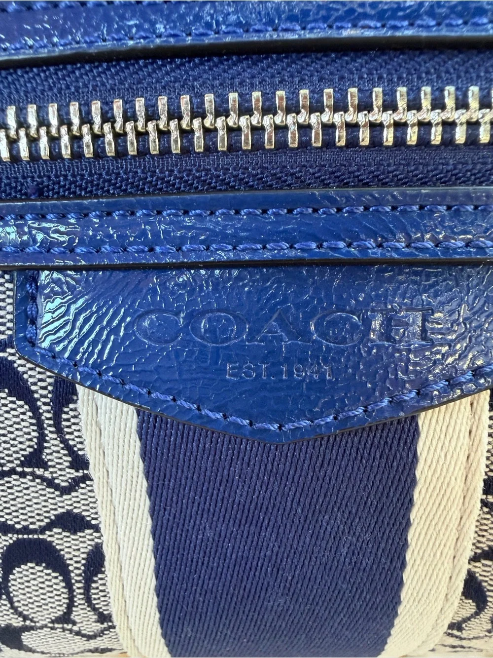 Coach Blue and White Signature Stripe Shoulder Bag